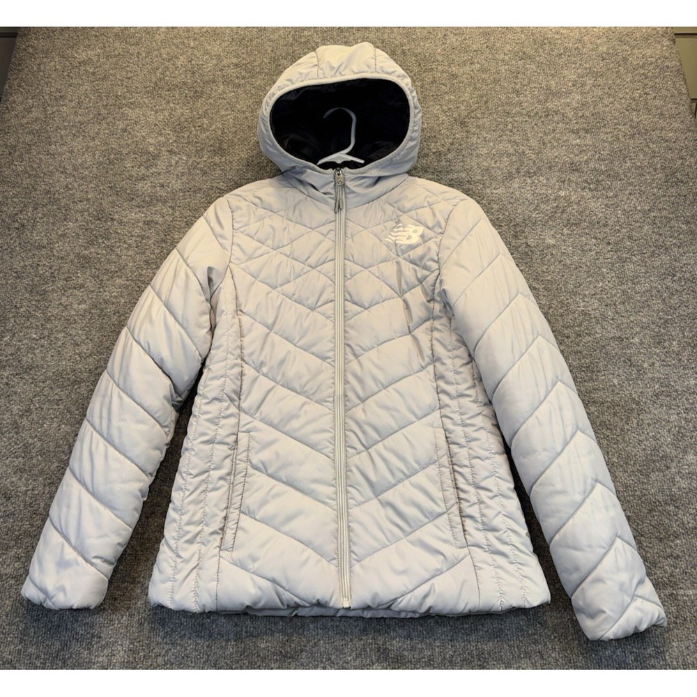 New Balance Women's M Gray Quilted Puffer Jacket Hooded Full Zip